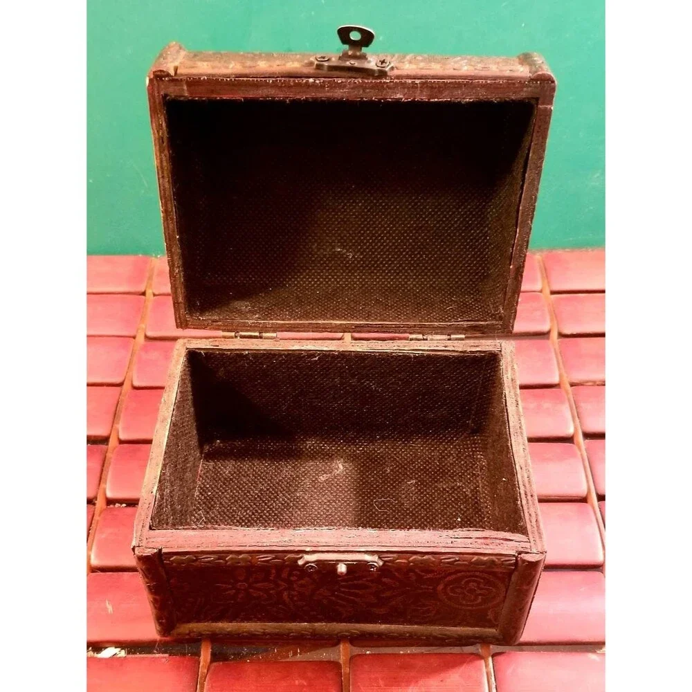 Wooden Treasure Chest Jewelry Box Leather Embossed W/ Floral Pattern Carved Trim